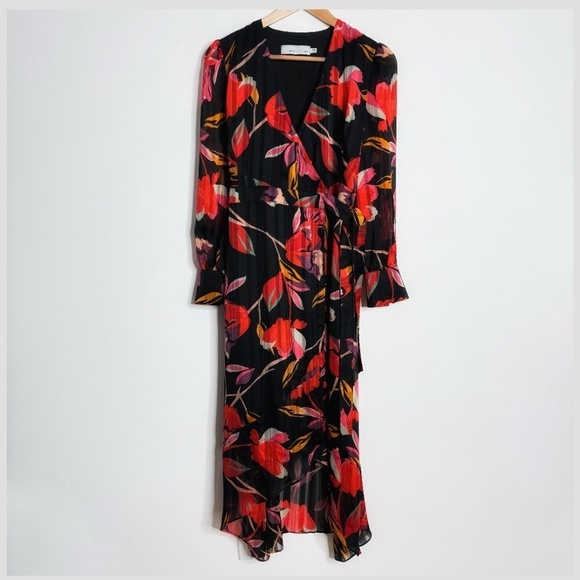 Adelyn Rae Wrap Dress High Low Chiffon Long Sleeve Black Red Print Sheer Sleeve - Picture 7 of 15